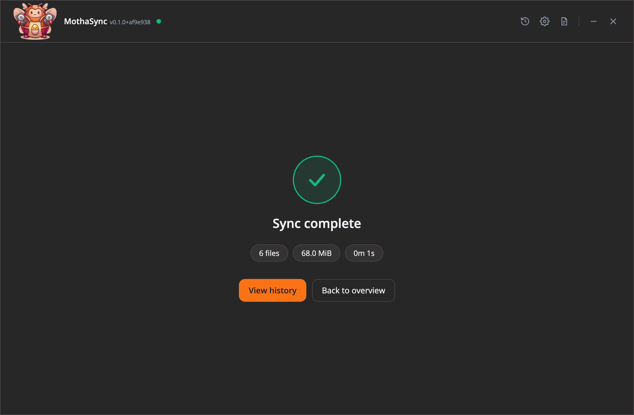 Sync complete with 6 files and 68 MiB in one second