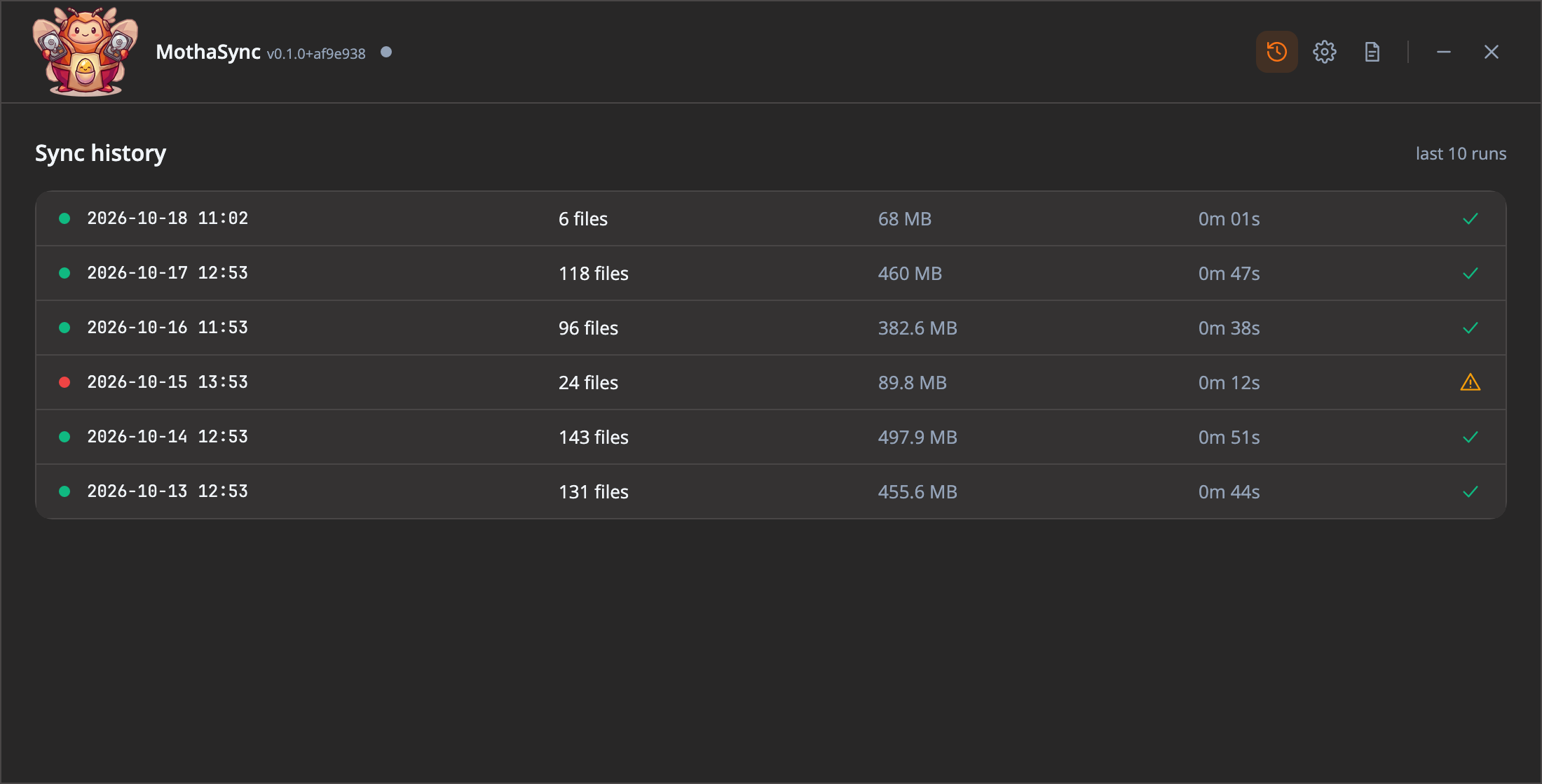 Sync history listing six runs with one failed run marked